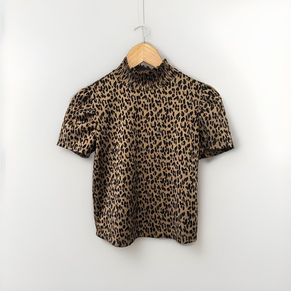 Zara Top Womens Medium Slim Leopard Mock Neck Puff Sleeve Stretch - Picture 1 of 5